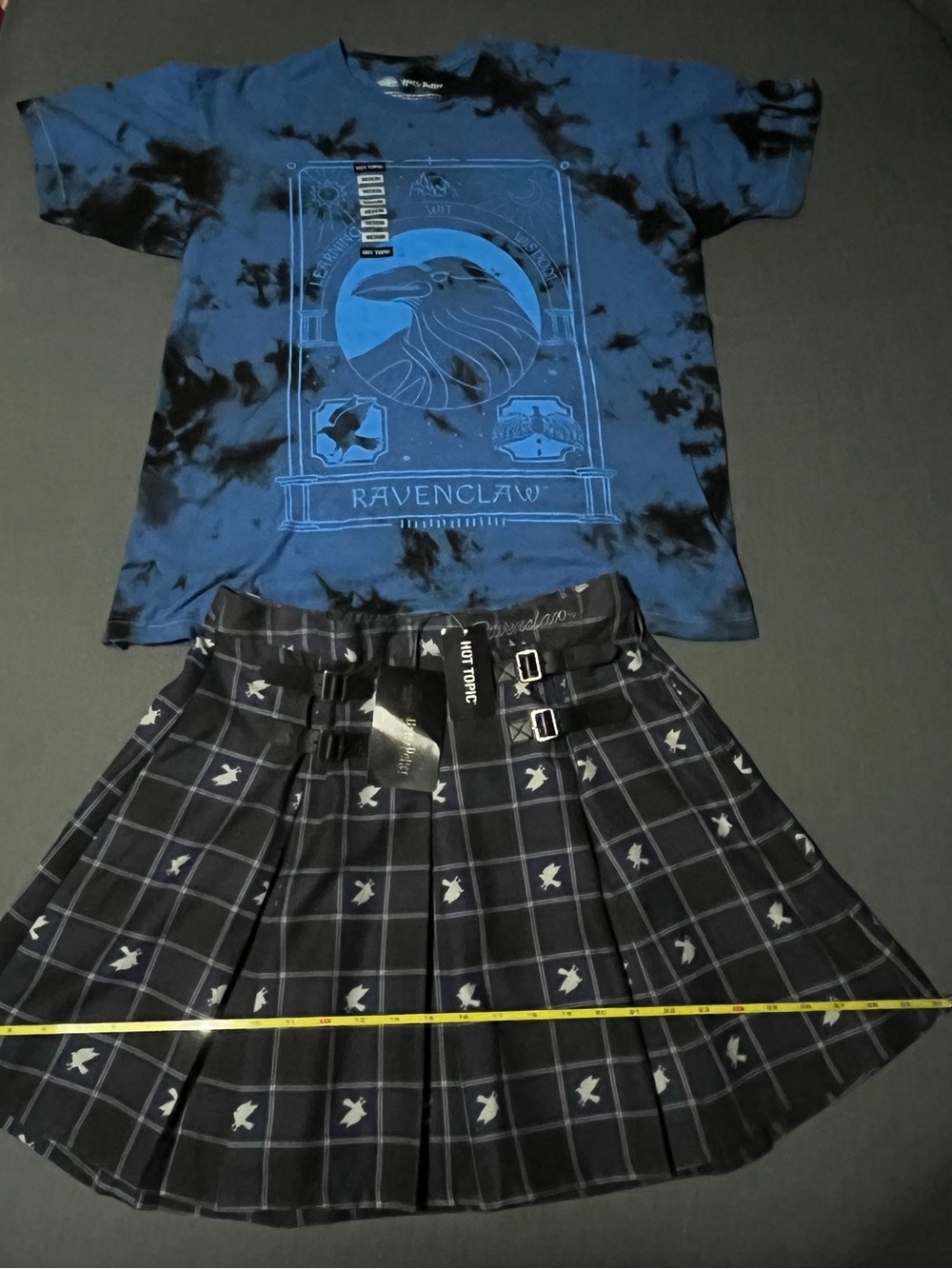 Hot Topic Large Ravenclaw Blue Tie-Dye T-Shirt and Navy Plaid Skirt Set